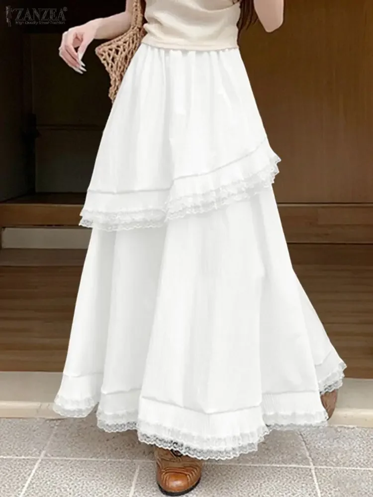2025 ZANZEA Women Elegant Lace Patchwork Skirt Maxi Long Skirts Autumn Casual Elastic Waist Party Jupe A-line Loose Faldas Saia