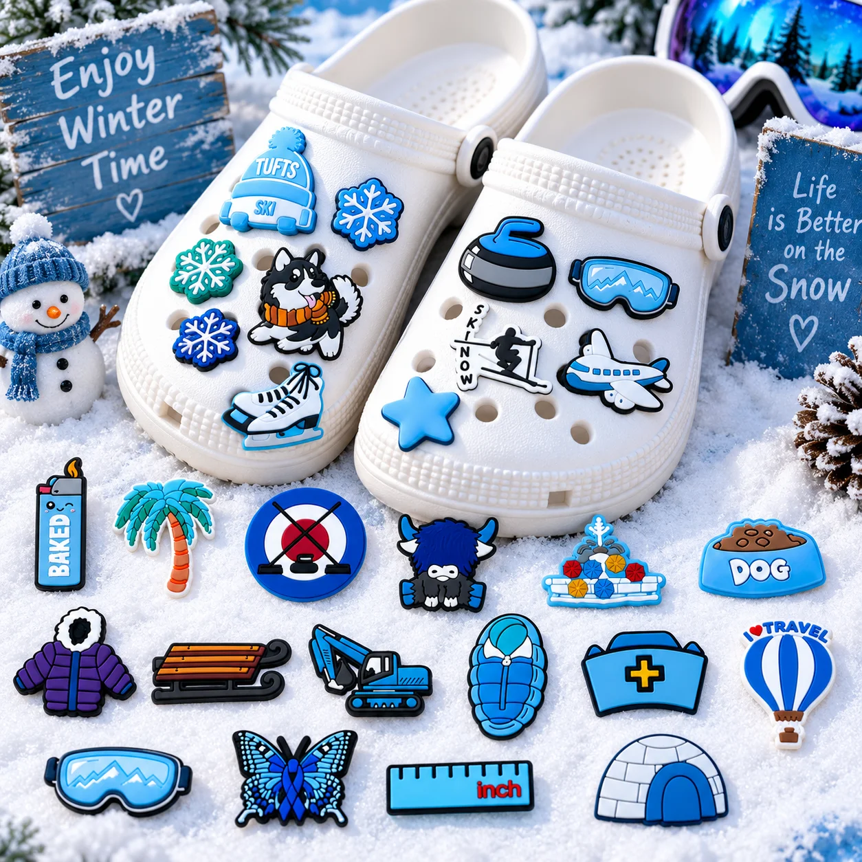 1/25PCS Winter Ski Snow Shoe Charms Set Husky Snowflake PVC Pins for Clogs Cool Ice Sports Accessories Gift for Boys Men Teens