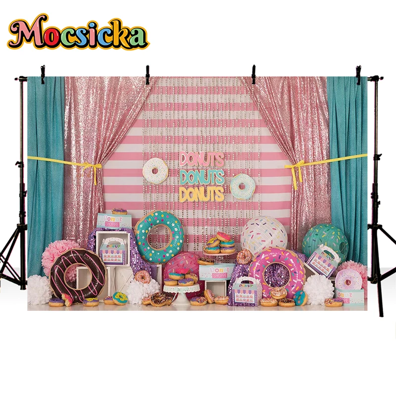 Mocsicka Donut เค้ก Smash การถ่ายภาพฉากหลัง Donuts Grow Up Girl 1st Birthday Party Decor ภาพพื้นหลังสตูดิโอถ่ายภาพ Props