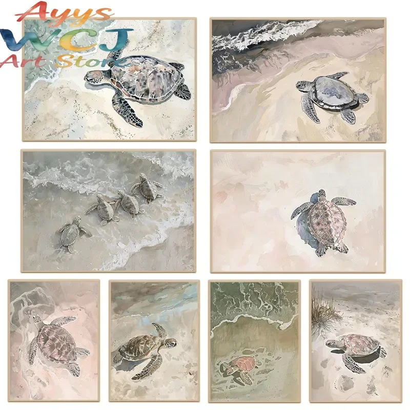 Watercolor Serene Ocean Sea Turtle Poster Beach Coastal Calming Seascape Canvas Painting Wall Art for Living Room Home Decor