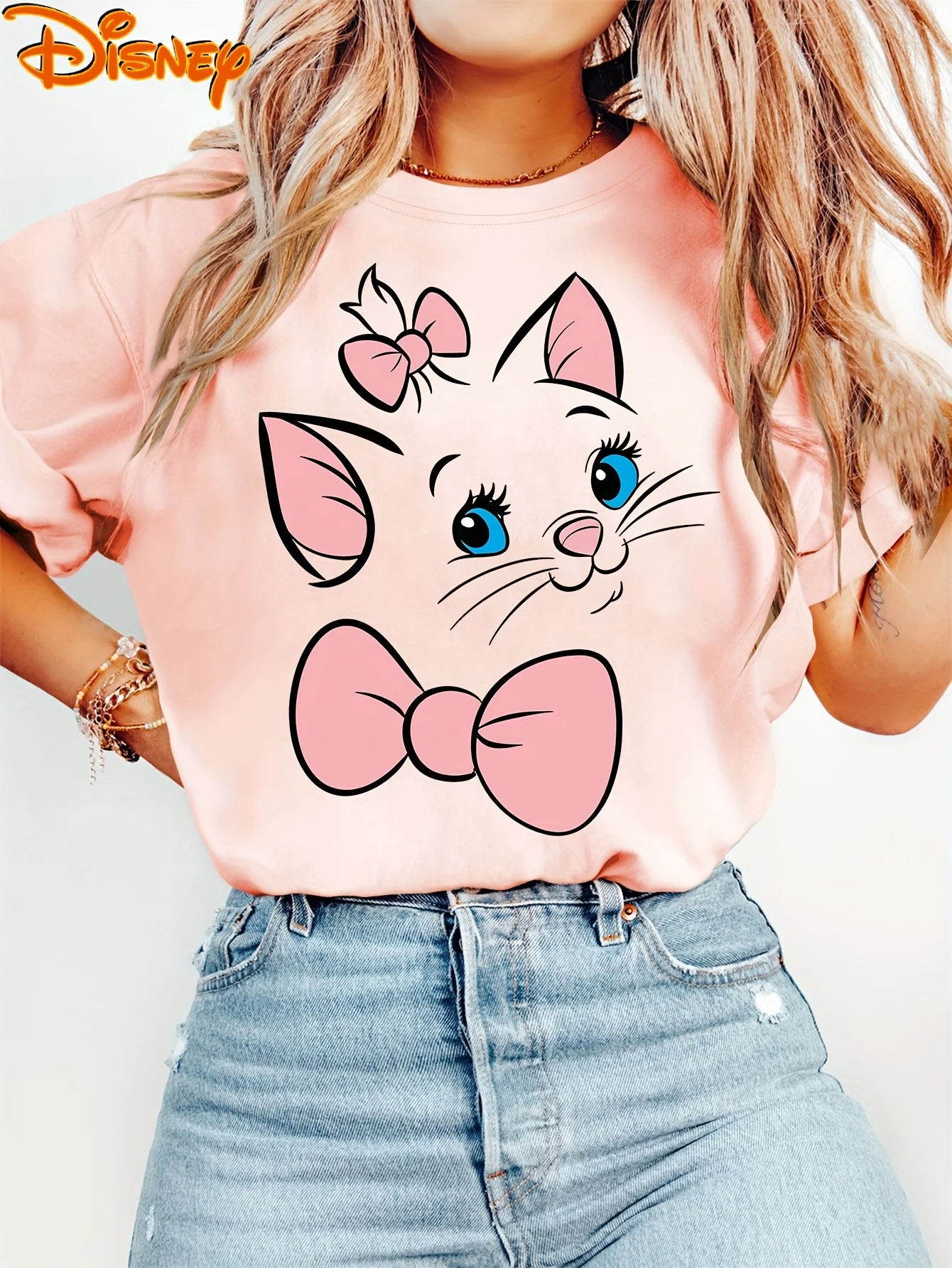 Women's Disney Marie Cat & Pink Bow T Shirt Men Cotton Tee O-Neck Casual Oversize Short Sleeve Streetwear Top Clothing Vacation