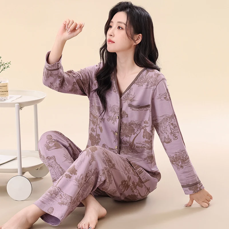 Elegant V-Neck Cardigan Pyjamas Women Autumn Fall Cotton Pijamas Mujer Floral Print Sleepwear Pajamas for Women Feminino