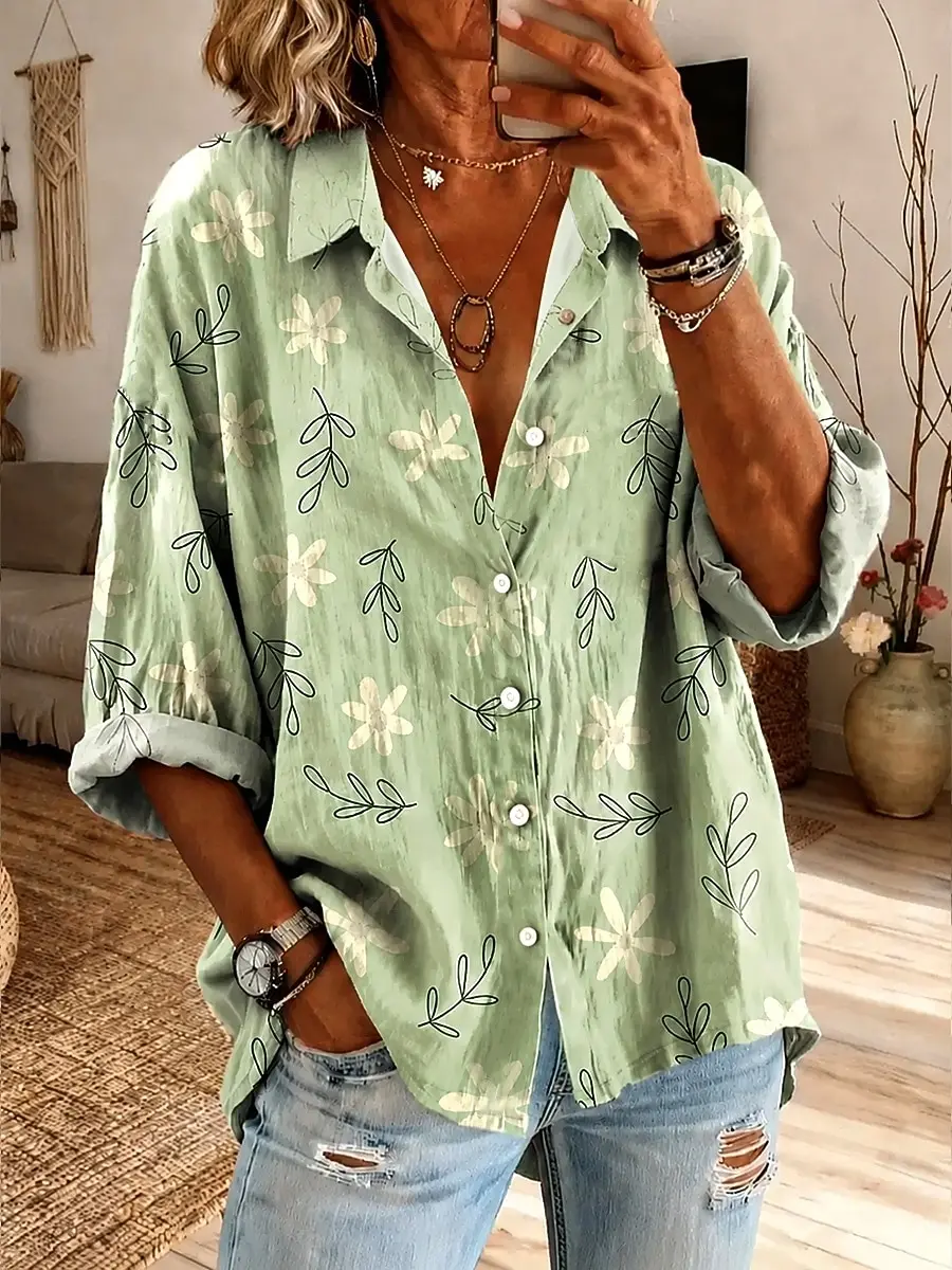 Women's Collar Long Sleeve Vintage Floral Print Shirt with Buttons, Casual Daily Work Tops for Spring Summer Tropical Style