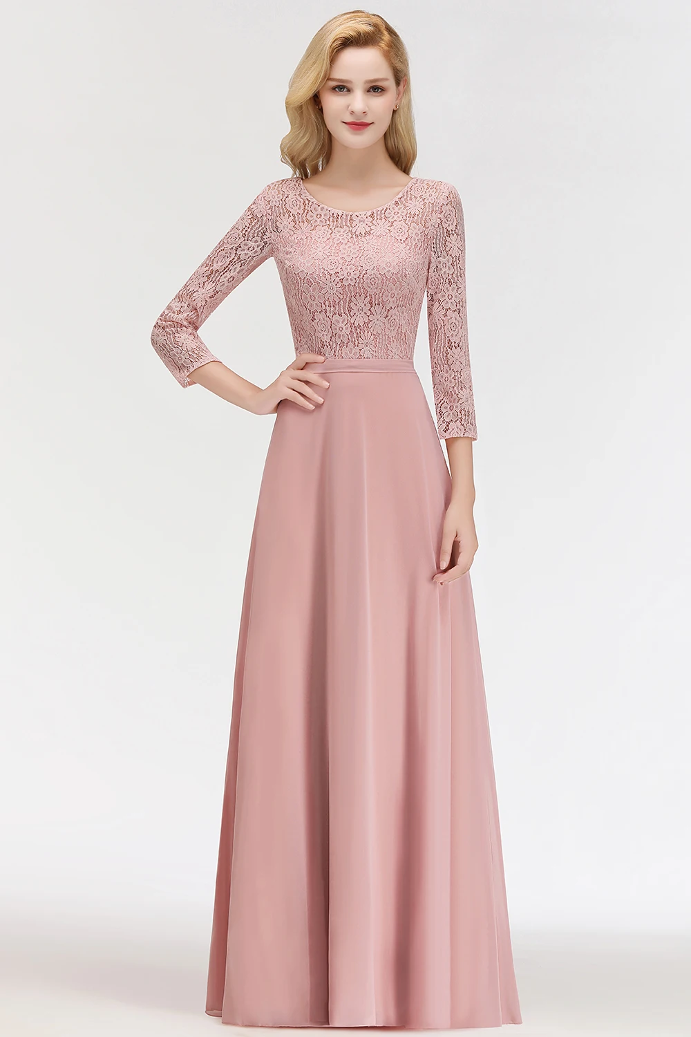 Women 3/4 Long Sleeve Evening Dresses Sexy Illusion Floral Lace O-Neck Sashes Prom Gown Chiffon A-Line Maxi Formal Party Vestido