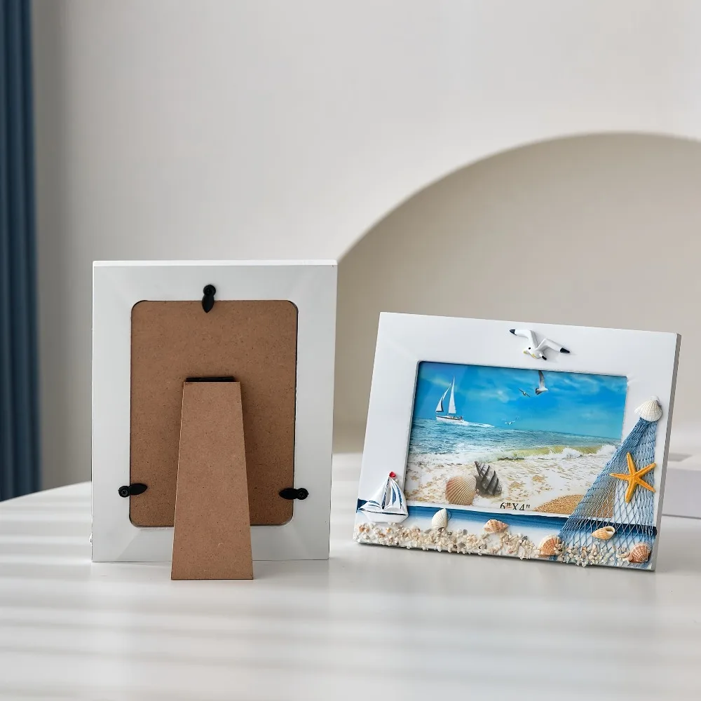 Ocean Photo Frame Shells Sailboat Photo Frame Mediterranean Wooden Platform Picture Frame for Home Room Desk Office Decoration