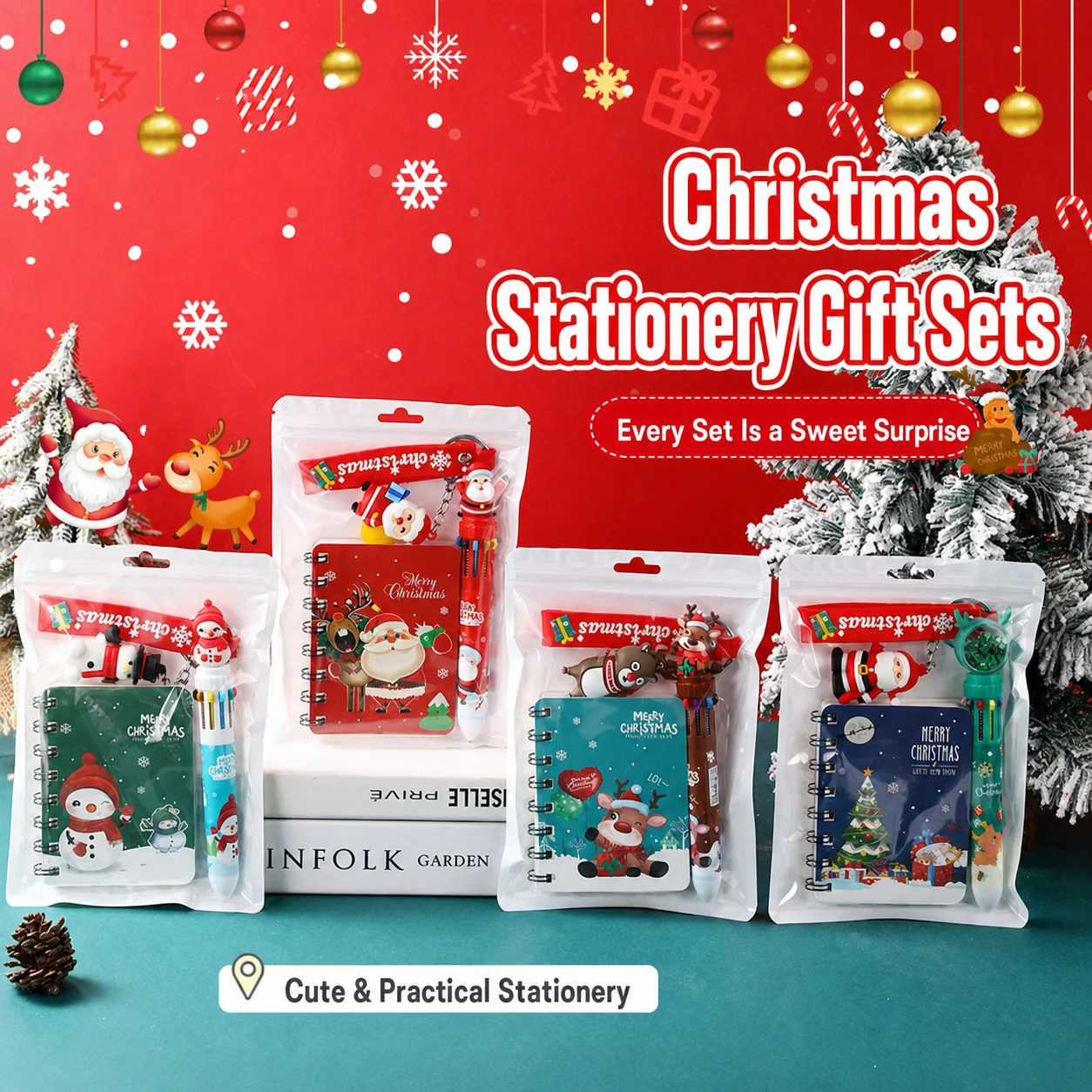 Christmas Stationery Notebook Pen Keychain with Santa Festive Holiday Gift for Kids School Supplies Stocking Filler Set
