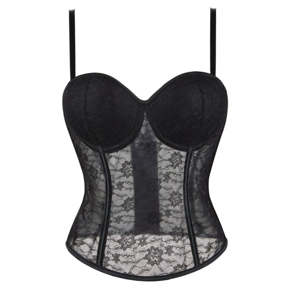 

Women Black Floral Lace Spaghetti Strap Corset Top Sweetheart Sheer Mesh Waist Cincher Gothic Vintage Bustier