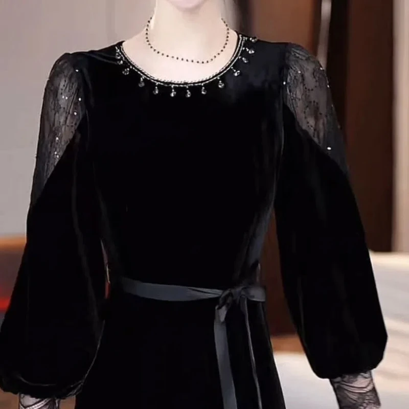 Spring Autumn Round Neck Long Sleeve Vintage Midi Dress Women High Street Casual Sequined Patchwork Dresses Elegant Vestidos
