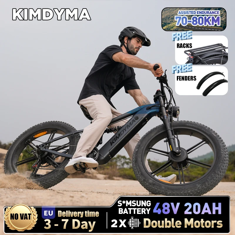 KIMDYMA NUOVO K03 Bicicletta Elettrica Fuoristrada a Doppio Motore, Batteria al Litio 48V20AH, Pneumatici Fat da 26 Pollici 4.0, E-Bike da Montagna per Adulti
