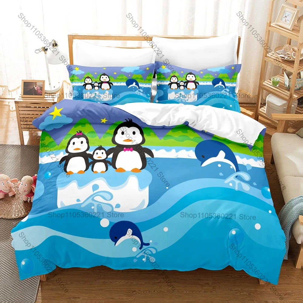 Cute Penguin Bedding Set, Duvet Cover + 2 Pillowcases Cartoon Animal Pattern Bed Sheets for Dorm & Room Decoration