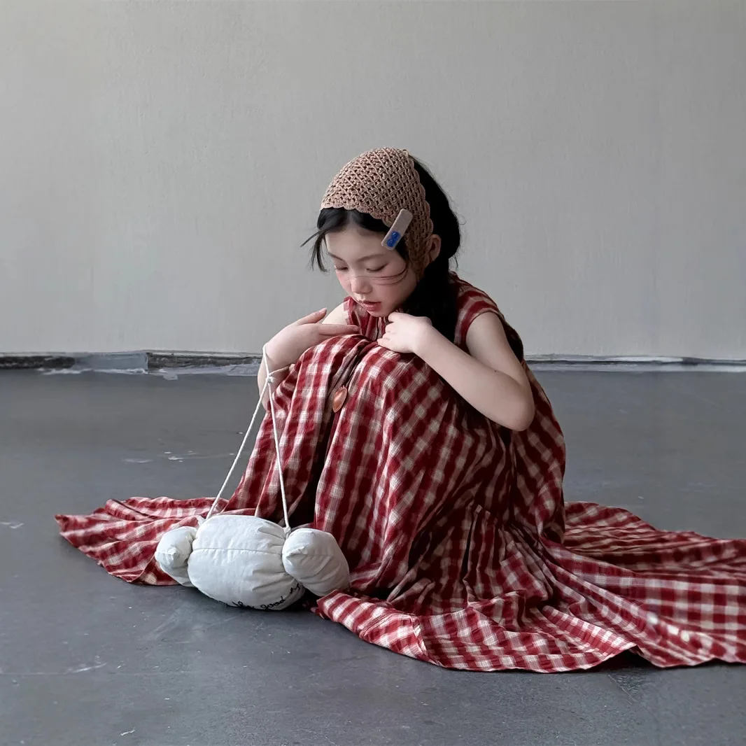 

Girls Plaid Dress Sleeveless 2026 Summer New Korean Children Cotton Vest Dress Stylish Mid Length Long Skirt