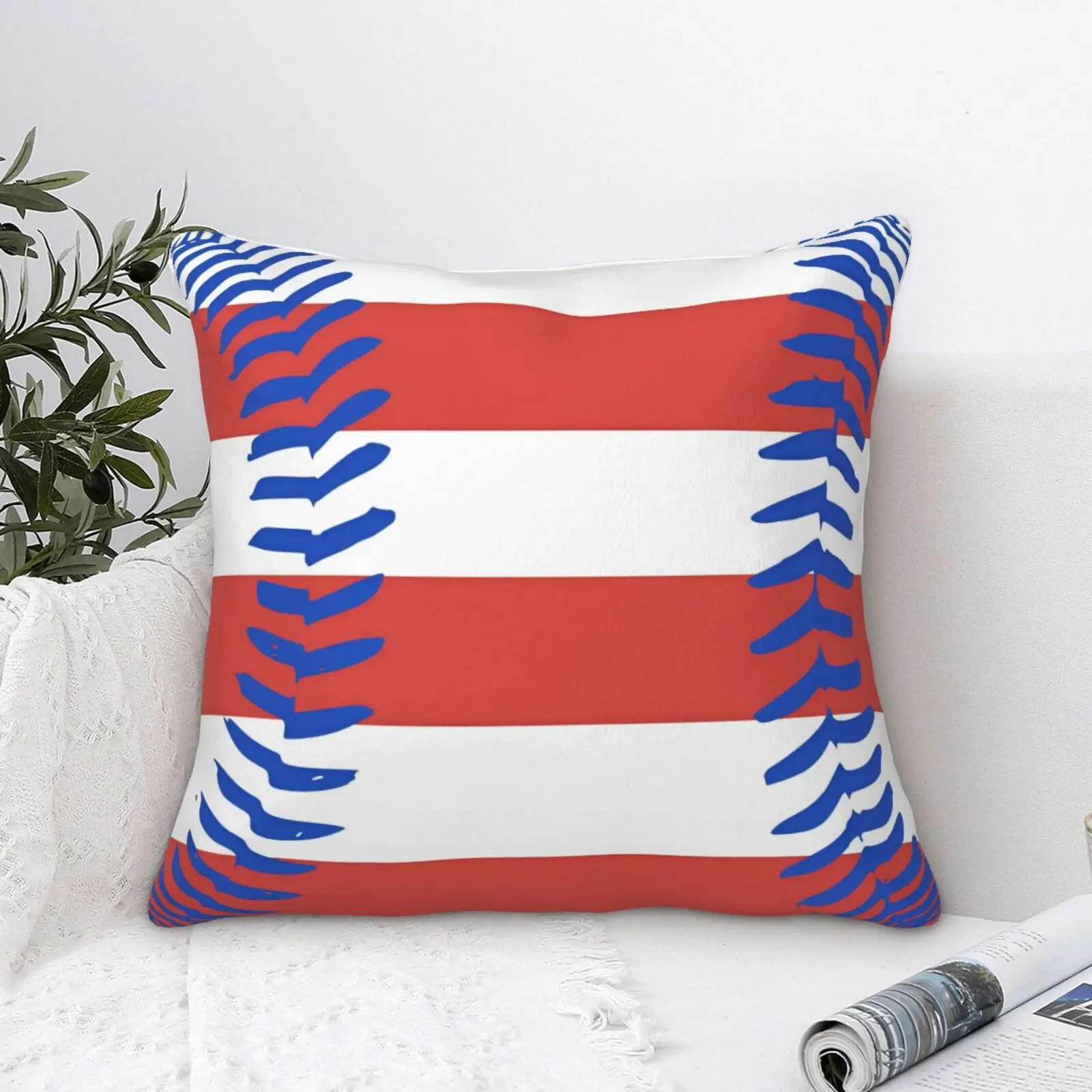 

Baseball Stripe Print Velvet Throw Pillow Cover, Red White Blue Sports Cushion Case, Patriotic USA Style Decorative Pillowcase