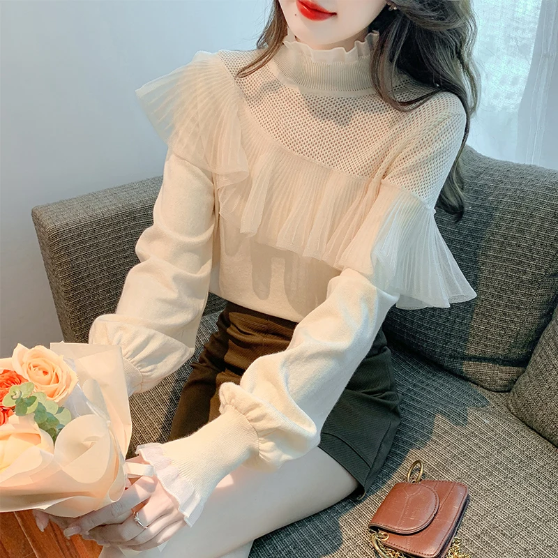 

Lace Patchwork Half High Collar Ladies Knitted Bottoming Pullovers Long Sleeve Gauze Ruffles Silm Sweater Autumn Women