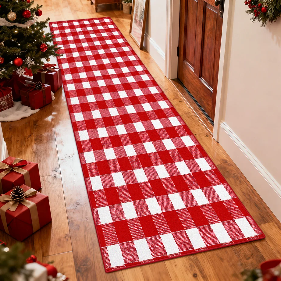 Christmas Red White Plaid Corridor Runner Rug Modern Fashion Decoration Lint-free Long Carpets Doorway Passageway Non-slip Mat