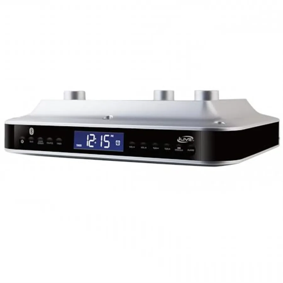 

iLive Under Cabinet Bluetooth FM Radio for Kitchen Wireless Stereo with Built-in Clock and Timer 20 FM Presets Negative LCD 60-