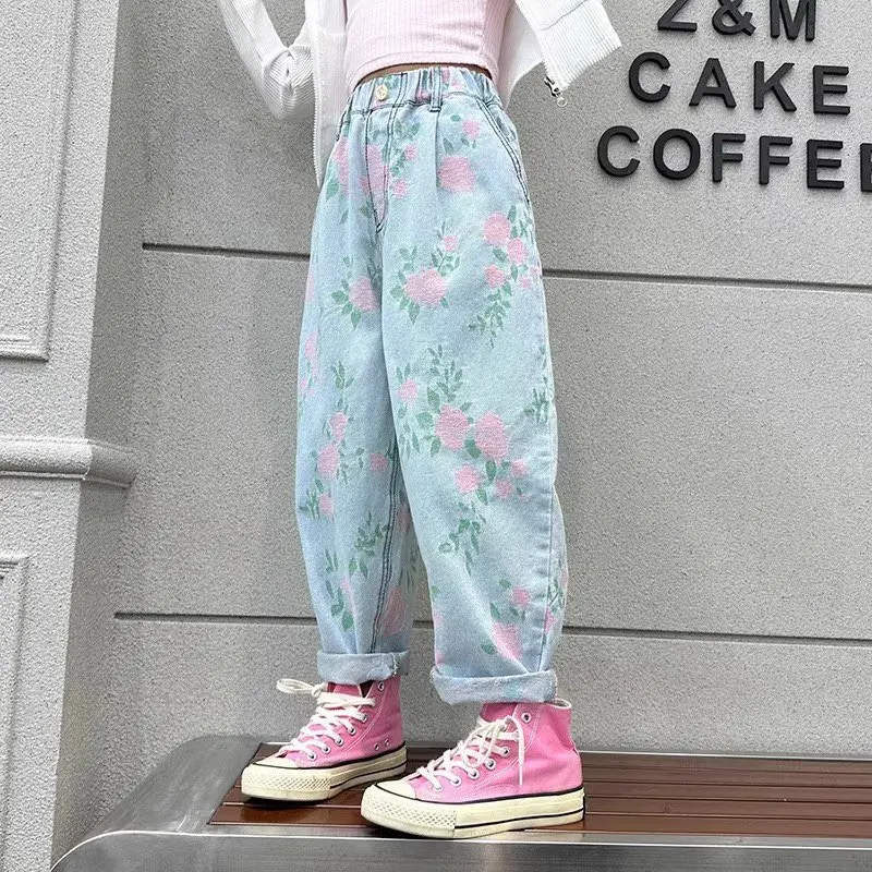 Teen Girls Denim Pants Spring Autumn New Kids Floral Casual  Wide Leg Trousers Children's Jeans 110-170cm