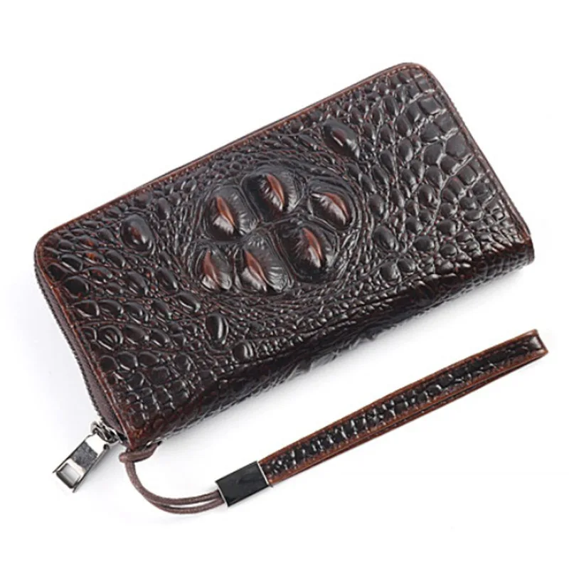 Men's long-style zipper handbag, genuine leather with embossed crocodile pattern, silver bag, cowhide handbag