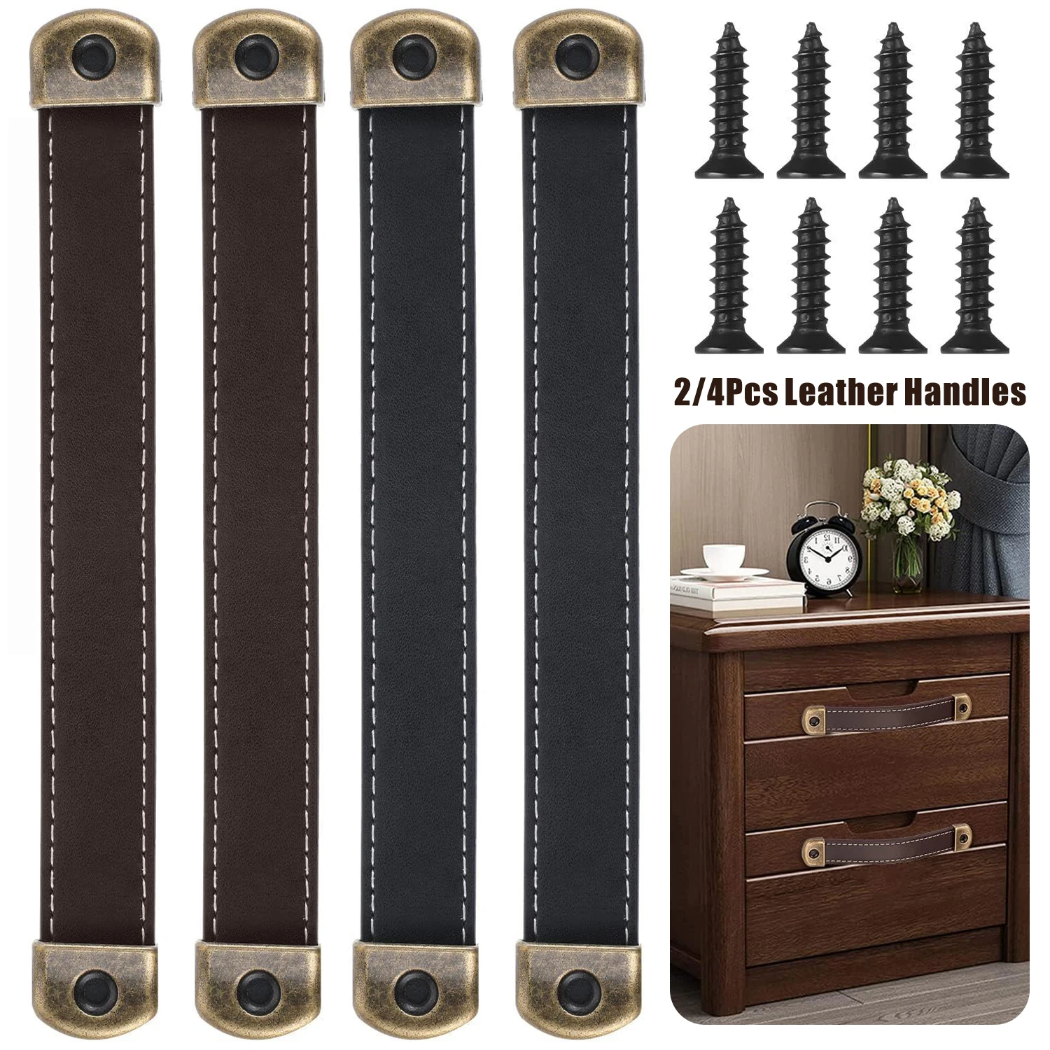 2/4Pcs Leather Handles for Drawers Suitcase Luggage Pulls Trunk Handles Cabinet Handles Leather Strap Handle with Mounting Screw