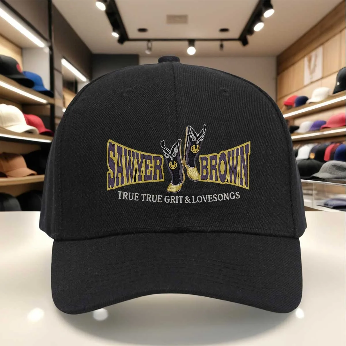 Sawyer Brown Country Music Baseball Cap, Cowboy Boots Design, True True Grit And Love Songs Hat