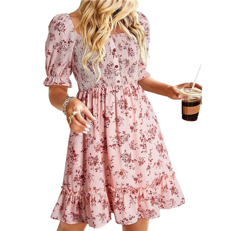 ABP-Vestiti estivi casual da donna Manica corta Collo quadrato Smocked Boho Floral Sundress Flowy A-Line Mini abito