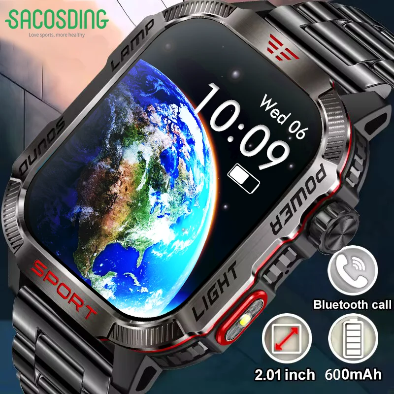 

New Military Smartwatch Men 2.01 HD Screen Flashlight Currency Check Compass Waterproof Motion Tracker Bluetooth Call Smartwatch