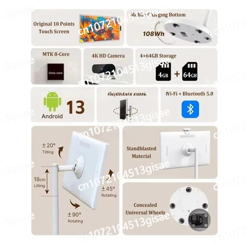 32 Inch Movable TV Capacitive  Smart Portable Full HD LED Backlit Android Display Digital Signage White Wheeled  Touch Screen view 3
