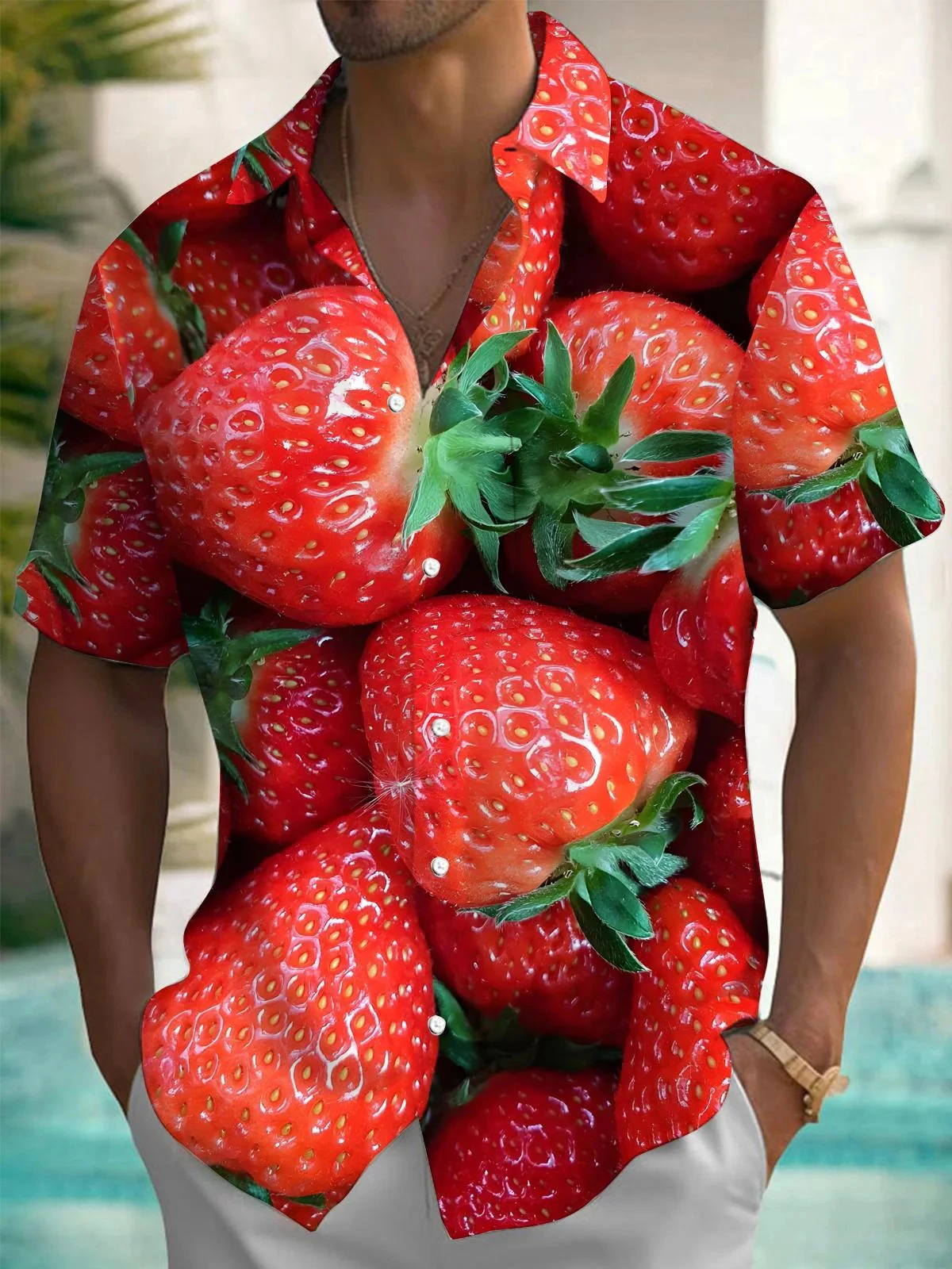 Men's Hawaiian Fruit Strawberry Print Short Sleeve Shirt Suitable Summer Vacation And Leisure Travel Casual Hot Sale Man Shirt