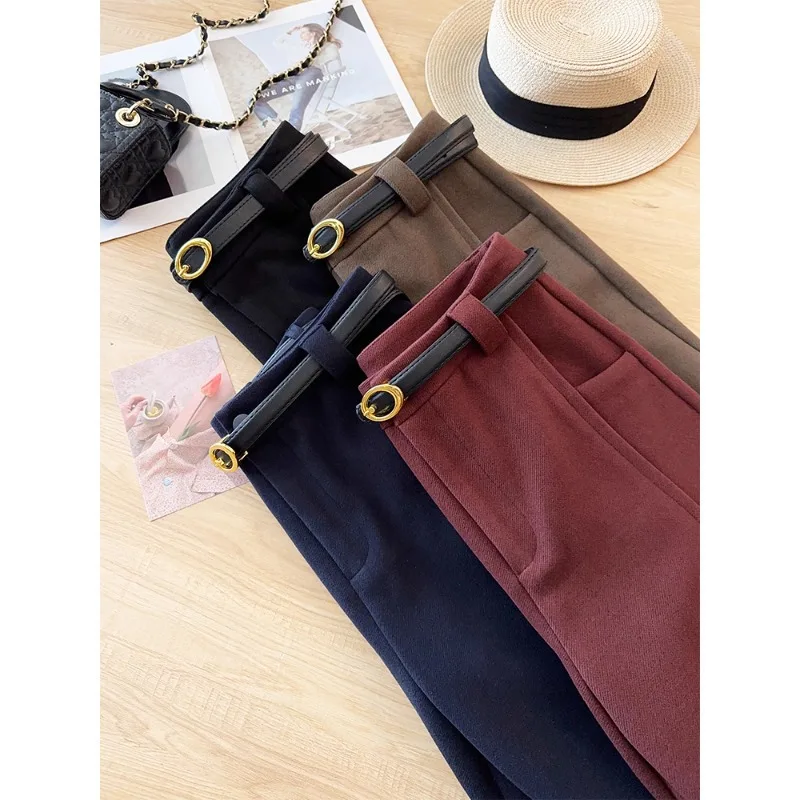 سراويل صوفية زرقاء داكنة للنساء والشتاء، مقاس نحيف أنيق، سراويل مستقيمة فضفاضة غير رسمية