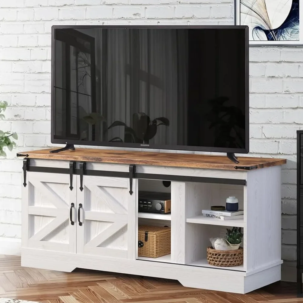 58 Inch Farmhouse TV Stand, Modern Rustic Entertainment Center with Sliding Barn Door and Storage Cabinets