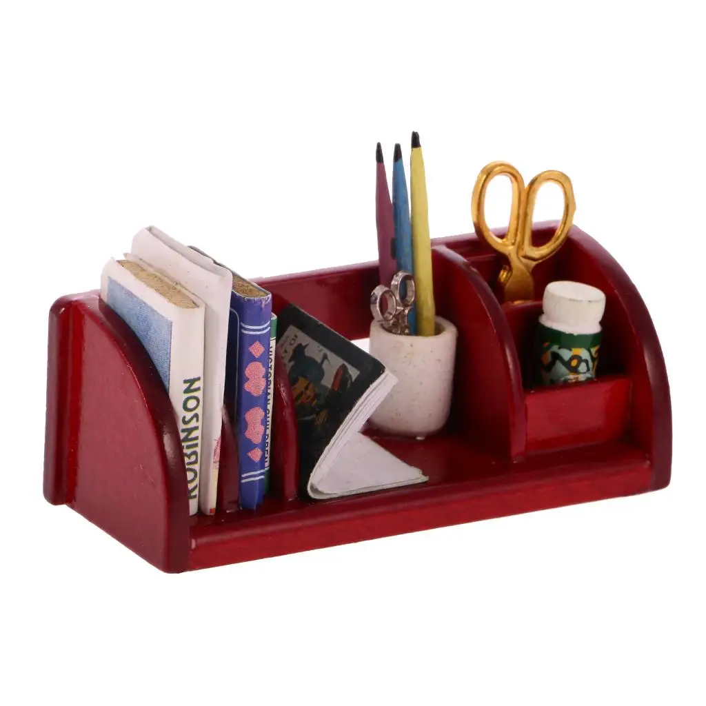 

/12 Dollhouse Miniature Office Supplies Kit Accessories Book Shelf Study Stationery Organizer Red