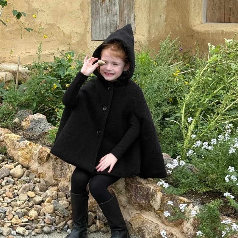 

Halloween 2025 Winter Children 3-8Y Girl Wool Jacket Cloak Solid Hooded Thick Warm Kid Baby Girl Cape Coat Casual Teen Girl Coat