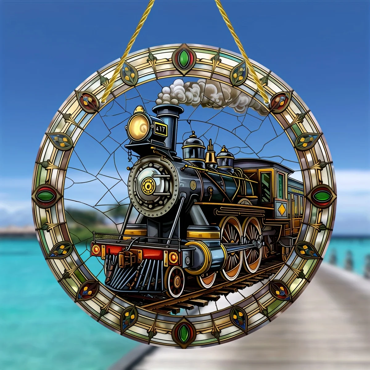 Steam Train Stained Glass Suncatcher,Round Acrylic Hanging Window Ornament,All-Season Decor for Porch,Home,Garden,Birthday Gift