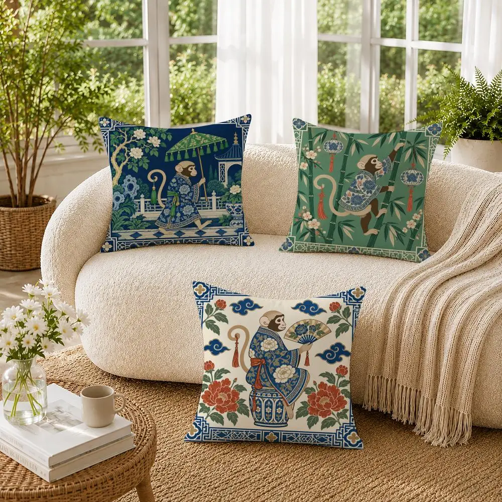 Modern Chinoiserie Monkey Cushion Cover Soft Short Plush Pillow Cases Hidden Zipper Cutecore Sofa Bedroom Home Decor Gift