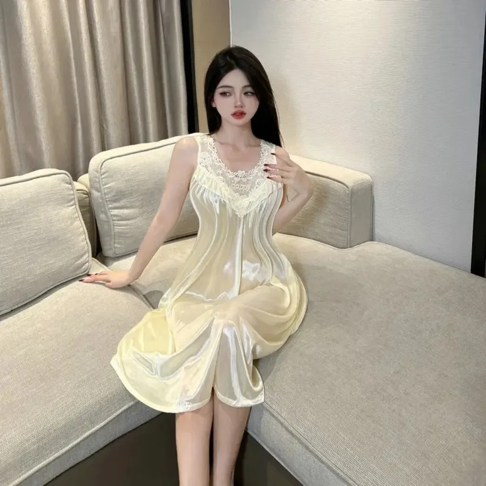 Lace Edge Decoration Lace Trim Nightgown Oversized Loose Fit Breathable Light Material Loose Loungewear Gown Casual No Sleeve