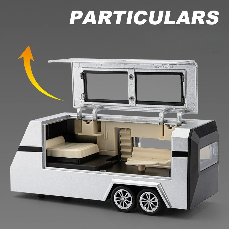 Simulazione 1:36 Pickup Camper Modello in lega Rimorchio da campeggio Veicolo giocattolo Suono e luce Pullback Bambini Ragazzo Regalo in miniatura
