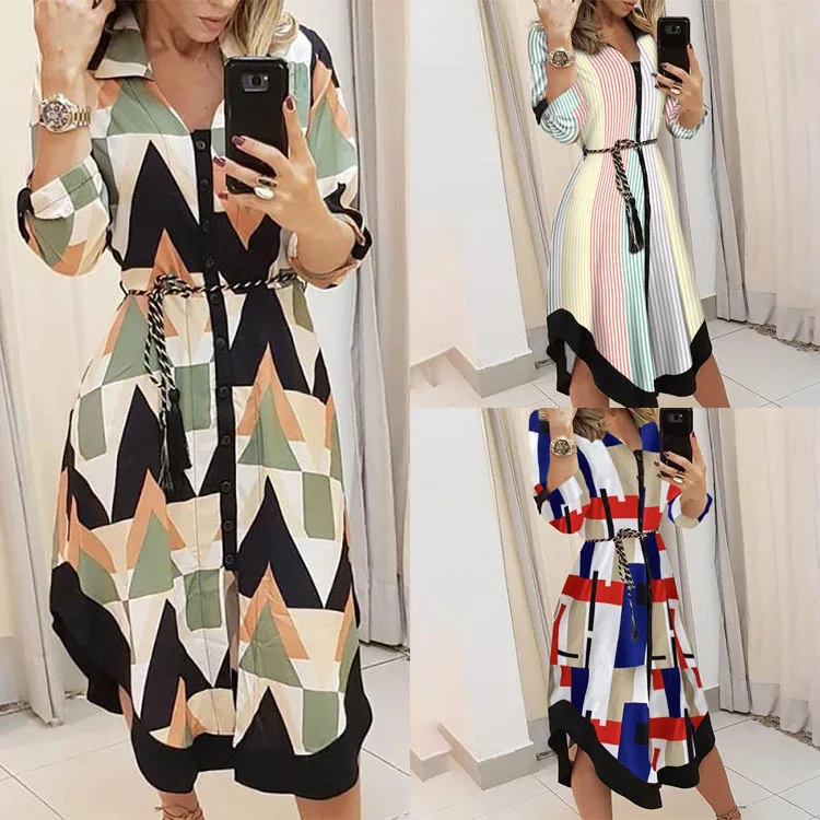 

Women's New Fashion Casual Dress Lace-up Dress Printed Plaid Lapel Deep V Irregular Long-sleeved Dress Office Suit