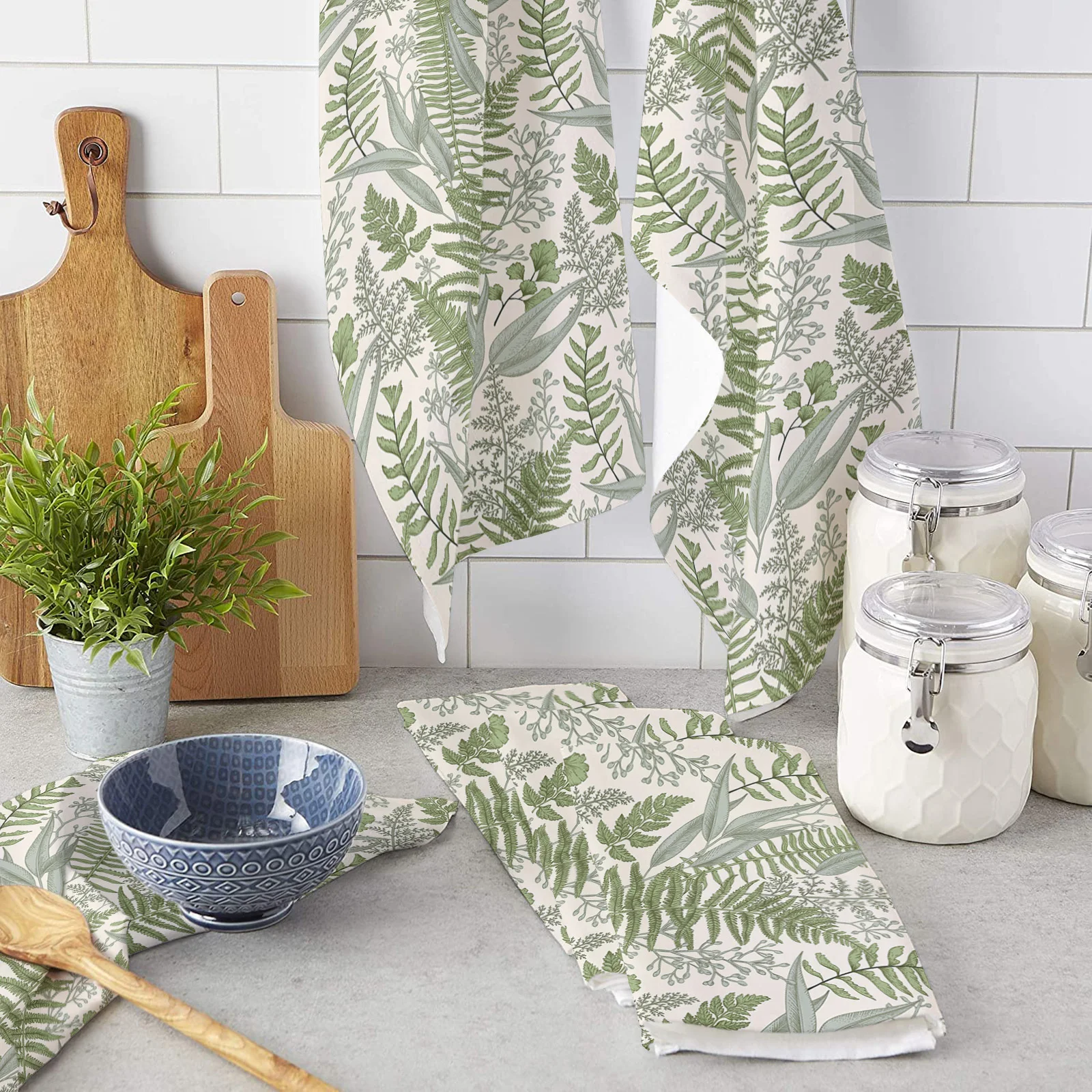 Retro Herbaceous Plants Kitchen Towel Bathroom Hand Towel Kitchen Dishcloth Water Absorption Household Cleaning Cloth