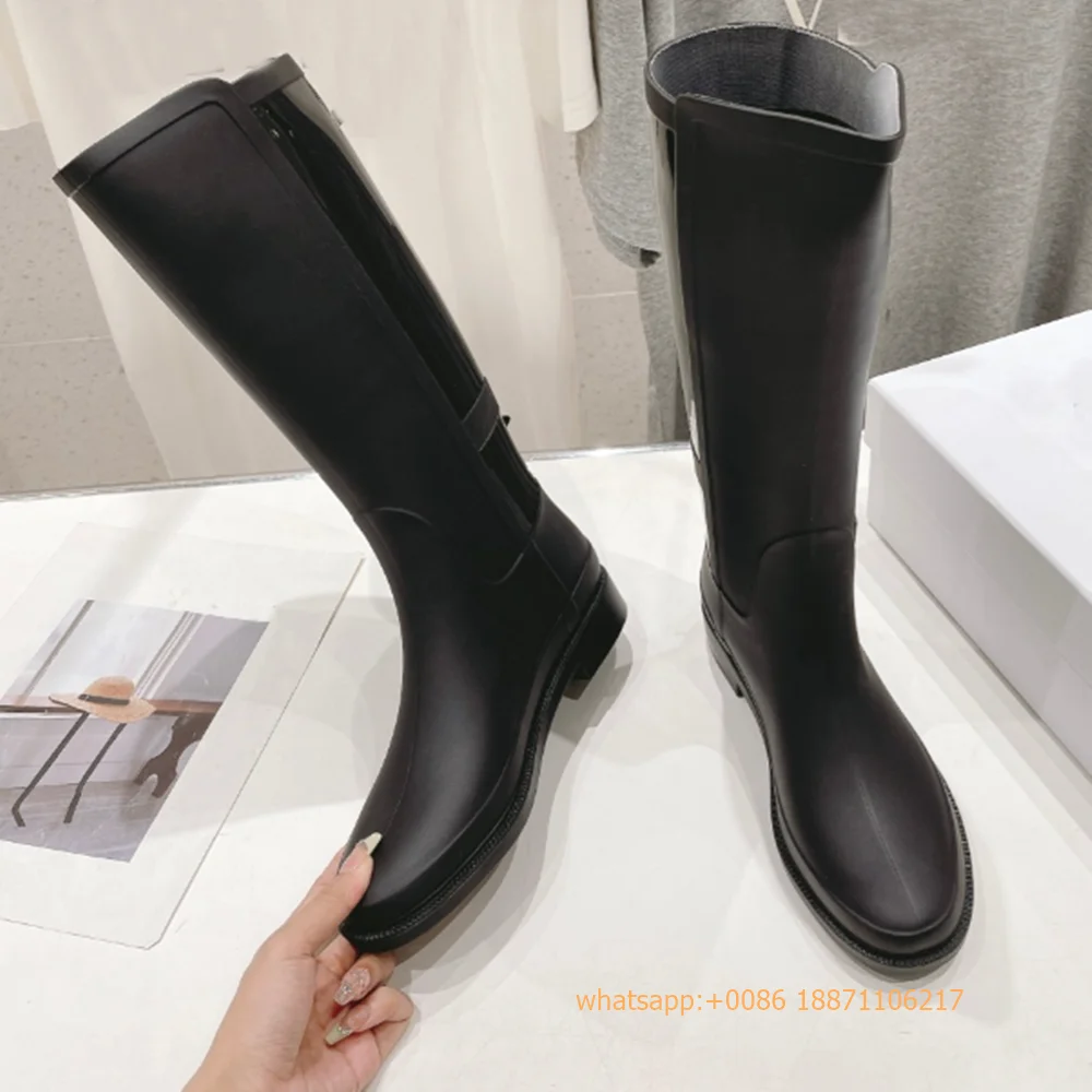 Autumn New Women's Rain Boots 2024 Round Toe Belt Buckle Model Sexy Thick Heel Boots Street Fashion Casual Black/brown Long Boot