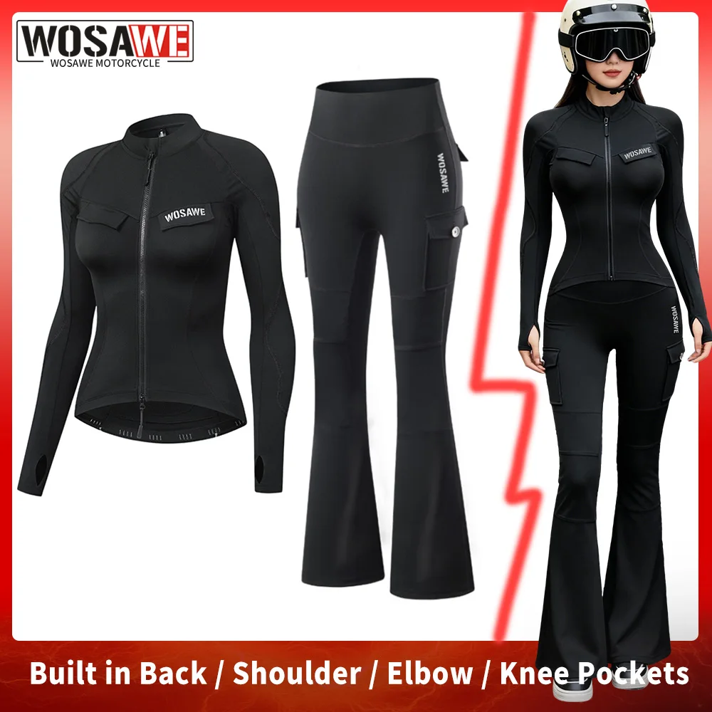 WOSAWE Women Motorcycle Style Jacket + Flare Pants Set Summer Elastic Casual Riding Suit with Back Shoulder Elbow Knee Pockets