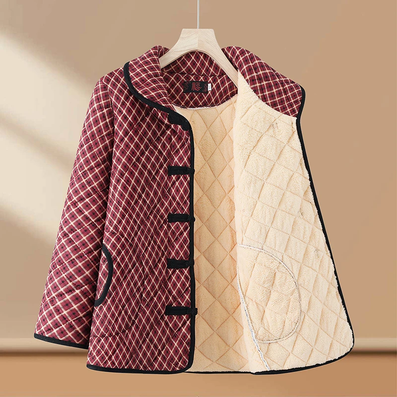 여성용 플리스 재킷 체크무늬 면 코트 중년 및 노년 어머니용 두꺼운 겨울 외투 플러스 사이즈 여성용