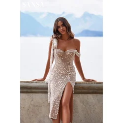 Sansa Champagne Vestidos De Fiesta Boho Knee Lenght Prom Dress Shiny Lace Embroidery Off Shoulder Evening Dresses فساتين سهرة