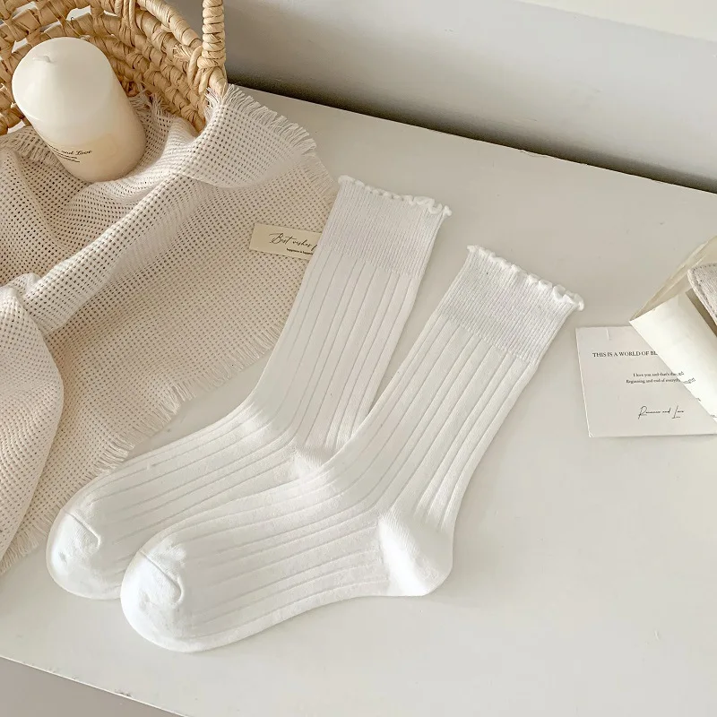 7 paires de chaussettes blanches mi-mollet pour femmes, en coton, Coquette, chaudes, à volants, de haute qualité, printemps, automne et automne et hiver