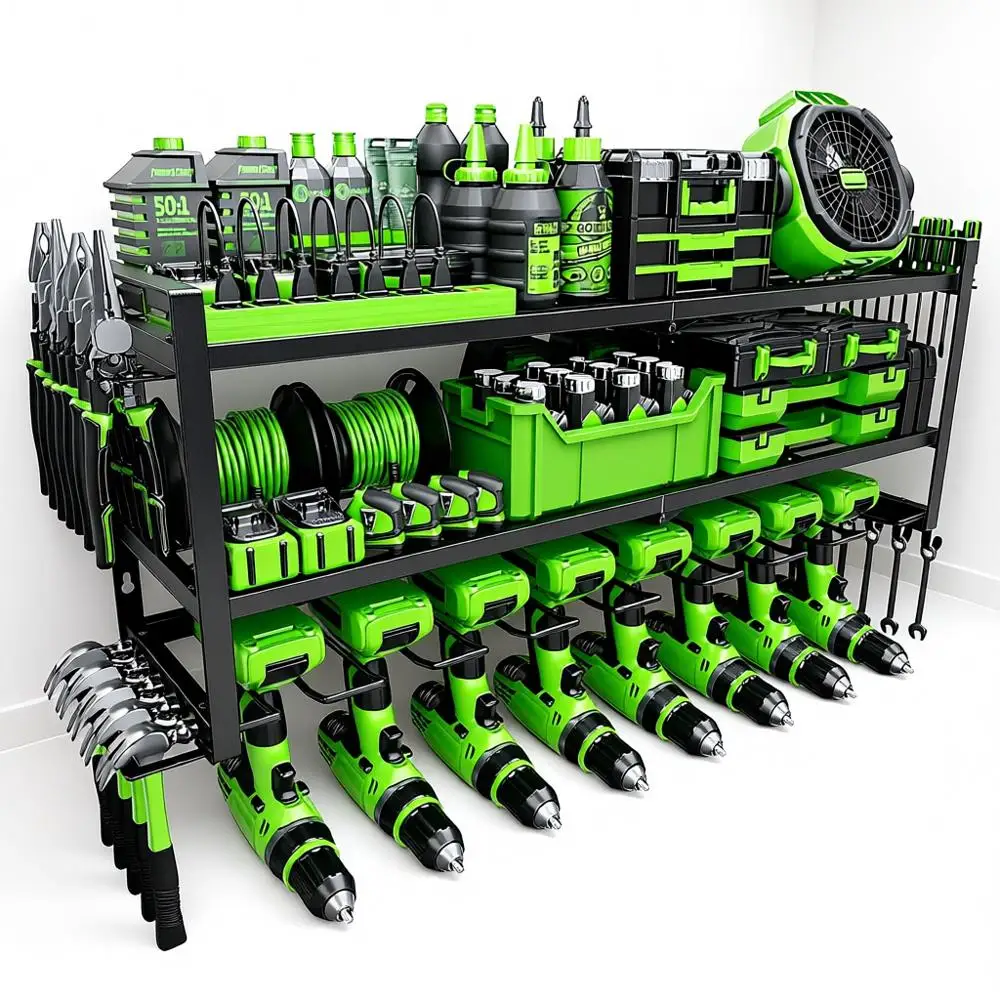 

Органайзер для электроинструментов - 3-слойная настенная стойка с 8 держателями для дрелей, стеллаж для хранения, организация гаража