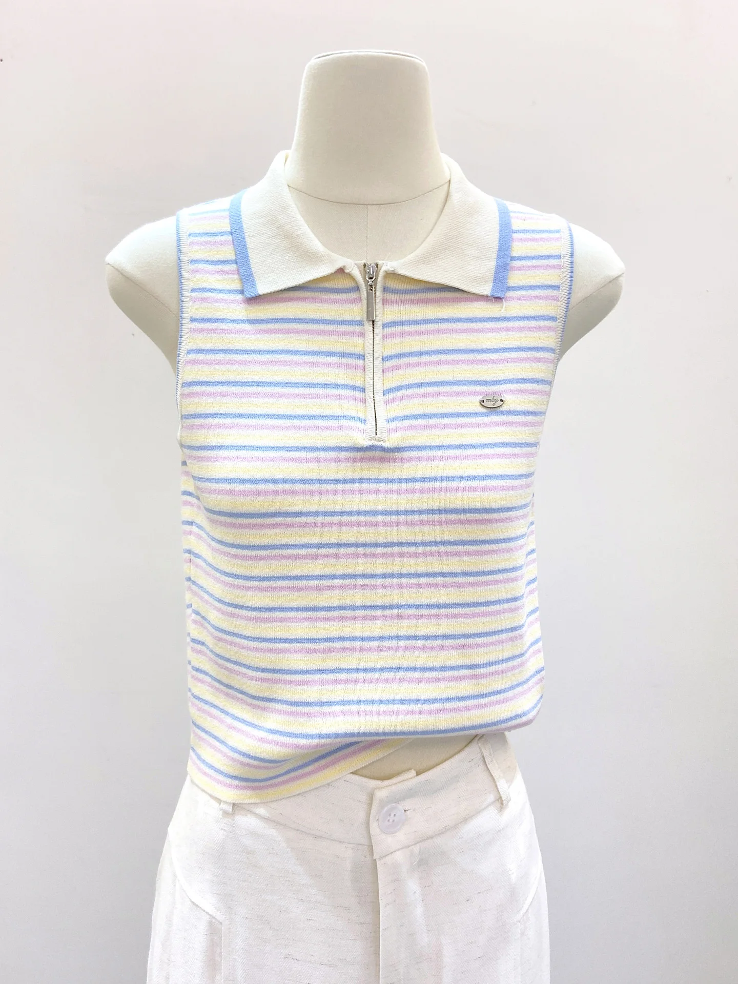 

Женский вязаный жилет в полоску Fre Color Blo, летний топ с воротником на молнии, корейский простой топ