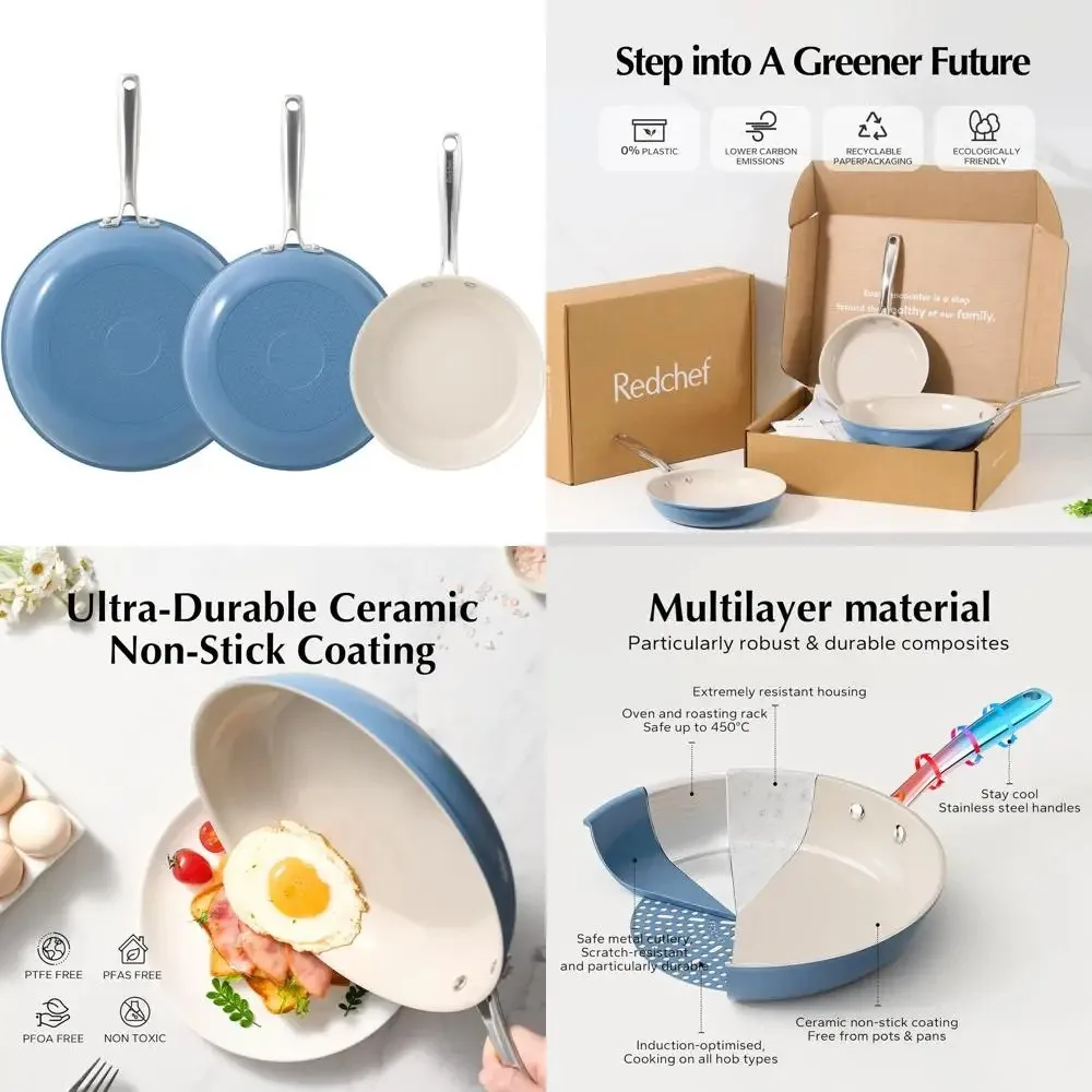 

Non-Toxic Ceramic Frying Pan Set, Cooking Skillets in 8, 9.5, and 11 Inches, PFAS, PTFE, and PFOA Free, Suitable for Health-Cons