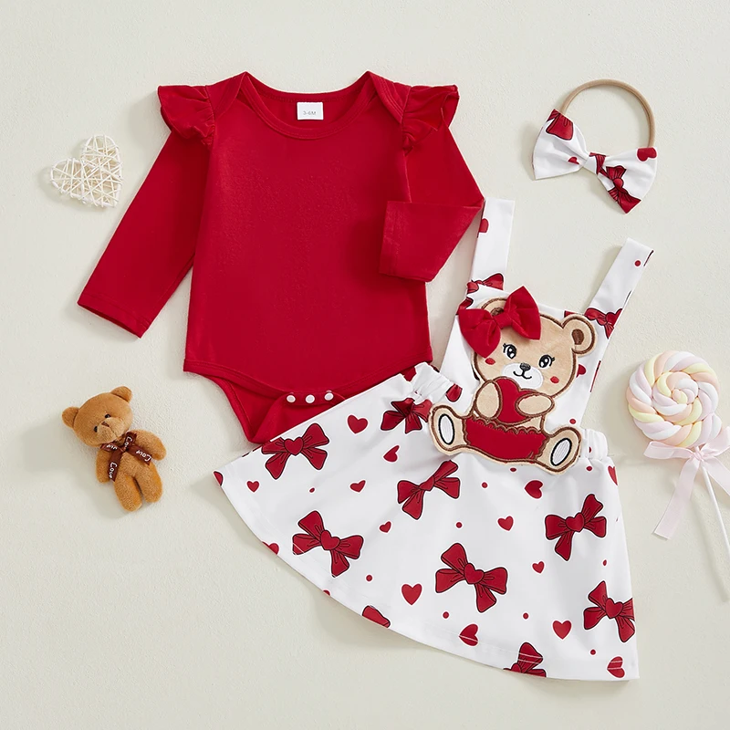 

Baby Girl Valentine's Day Outfits Solid Color Long Sleeve Romper Bow Heart Print Suspender Skirts Headband 3Pcs Clothes Set