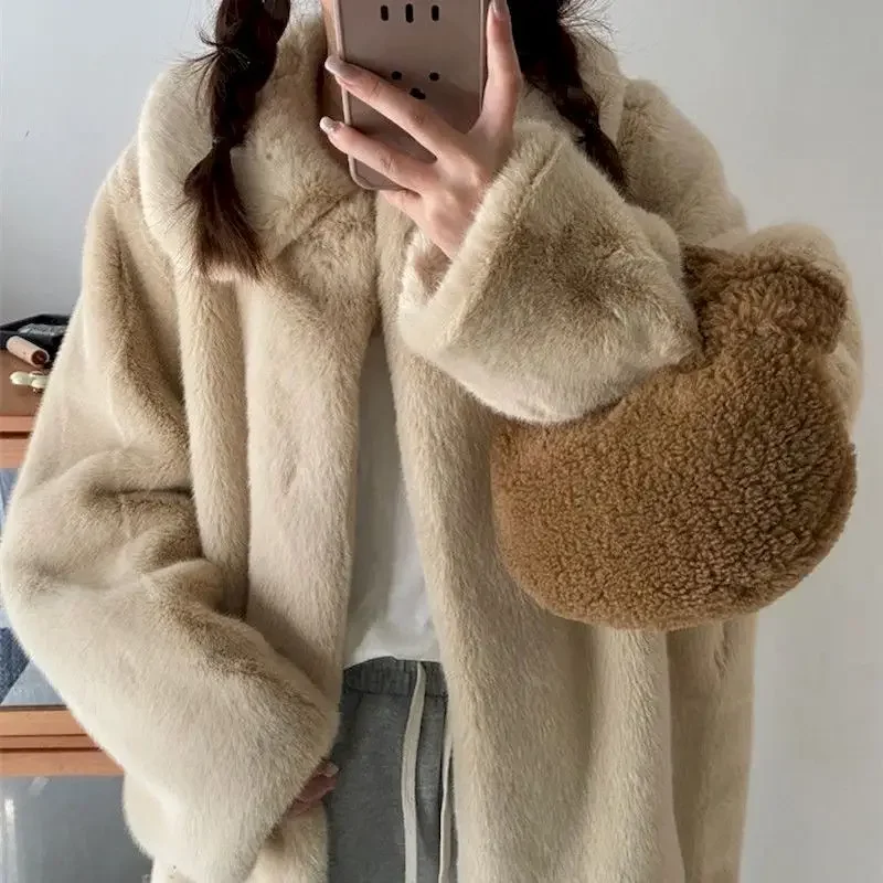 Y2k Zimní teplé klopové kožichy s ochranou životního prostředí pro ženy Korejská móda Volné ležérní dámské béžové bundy Nové - náhled 2