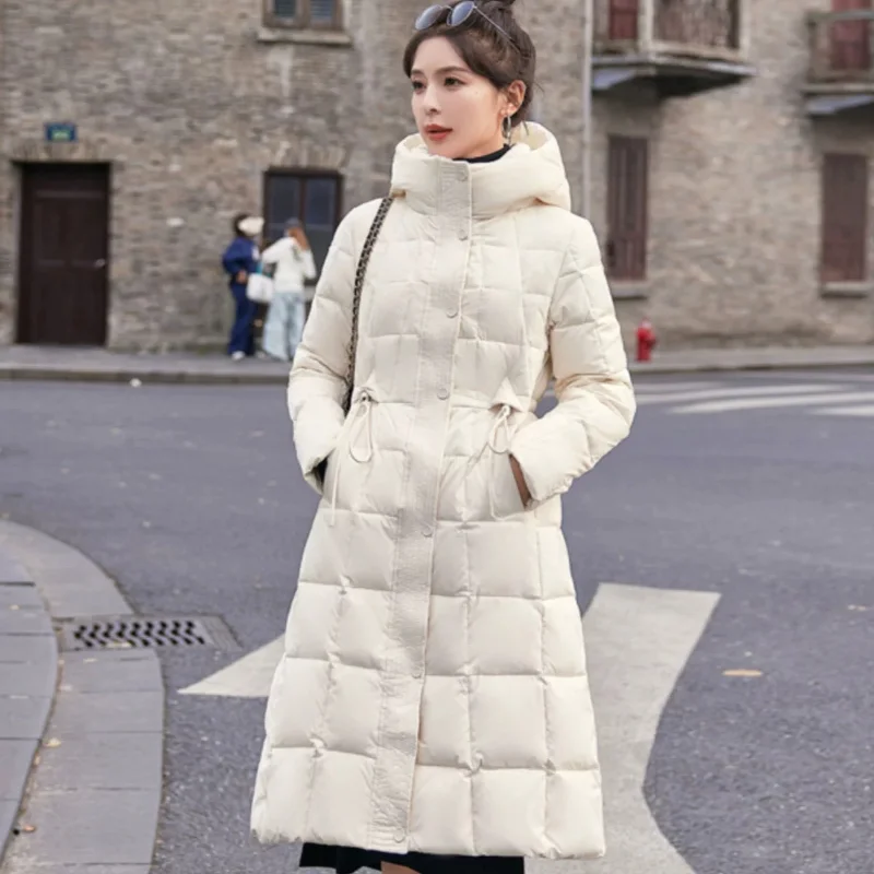 Long Puffer Coat Jackets for Women 2024 Windproof Thickened Warm Outerwears Simple Solid Color Drawstring Women's Down Jacket