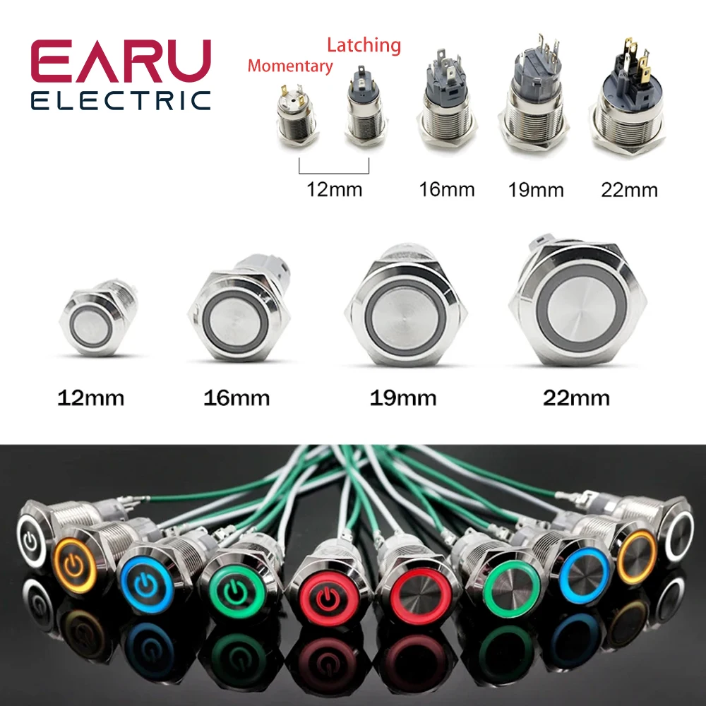 12/16/19/22mm Waterproof Metal Push Button Switch LED Light Momentary Latching Car Engine Power Switch 5V 12V 24V 220V Red Blue