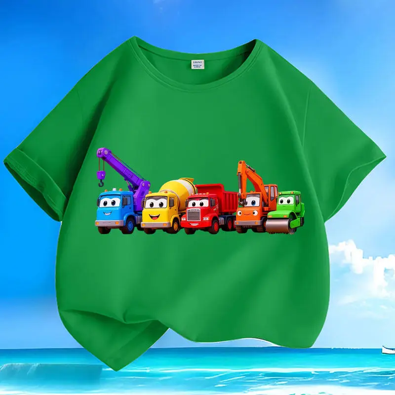 New Summer Children's Short Sleeved Pure Cotton Round Neck Loose Cartoon Versatile Parent-child Tshirt for Construction Vehicles